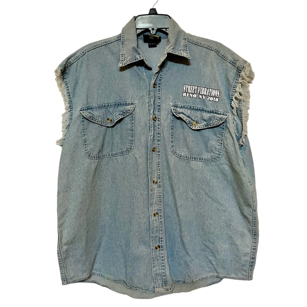 Biker sleeveless denim shirt, street vibrations Reno NV, 2018